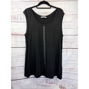 Elaine Kim XL Black Faux Leather Trim Scoop Neck Sleeveless Shell Tank Top